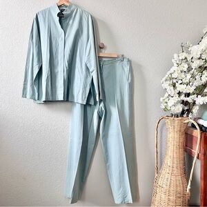 Eileen Fisher Blue Silk Cotton Jacket & Pant Set Size Large Mandarin Collar